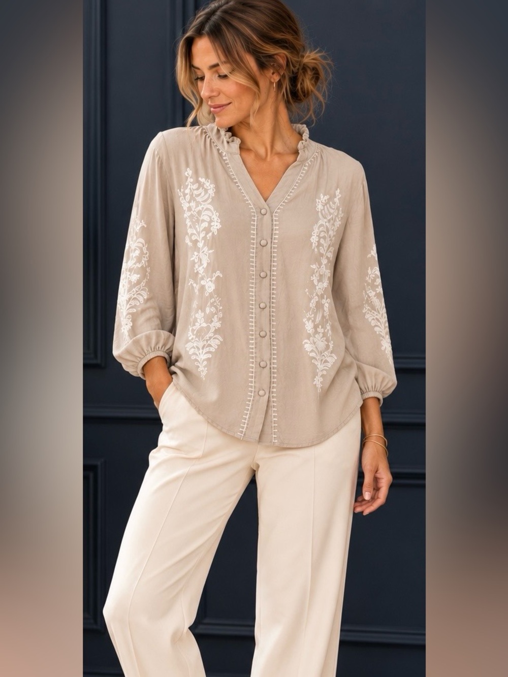 NWT - Cleo 100% Rayon Button-Down Blouse in Taupe w Ivory Embroidery
